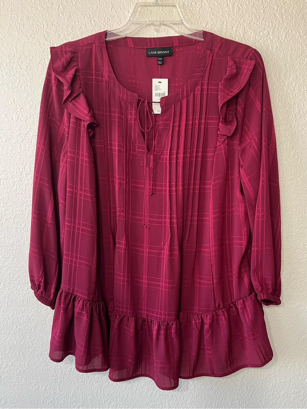 Lane Bryant Women's Burgundy Plaid Tunic Blouse Tie Neck Ruffle Woven Size 14/16